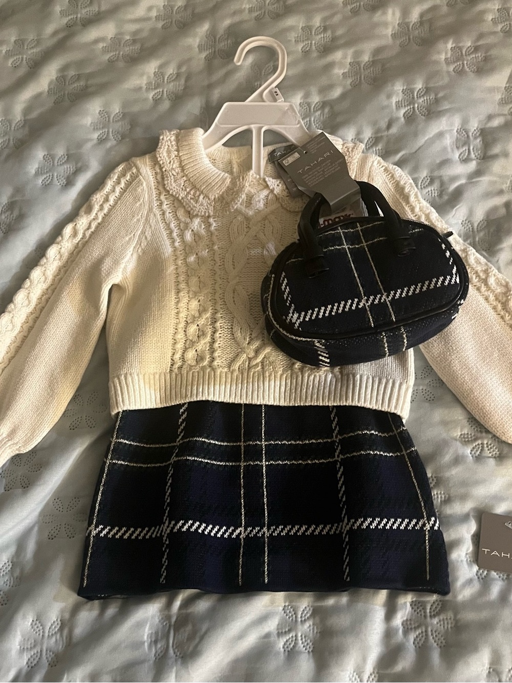 Tahari Kids Cream Cable Knit Sweater with Navy Plaid Skirt and Mini Purse